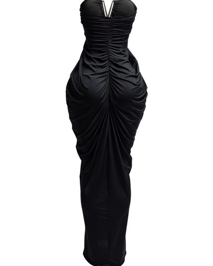 V shape trim detailed draping body strapless maxi dress - Muvin 