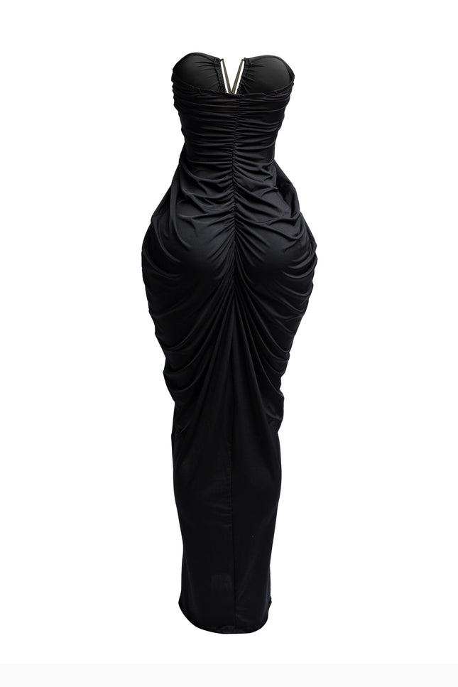 V shape trim detailed draping body strapless maxi dress - Muvin 