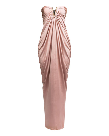 V shape trim detailed draping body strapless maxi dress - Muvin 