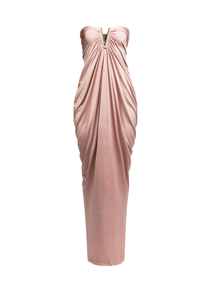 V shape trim detailed draping body strapless maxi dress - Muvin 