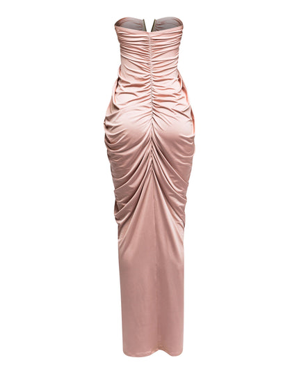 V shape trim detailed draping body strapless maxi dress - Muvin 