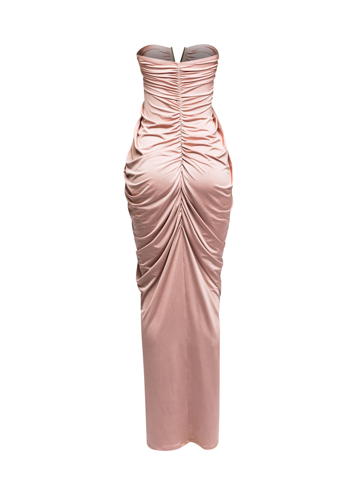 V shape trim detailed draping body strapless maxi dress - Muvin 