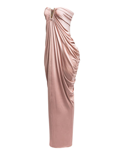 V shape trim detailed draping body strapless maxi dress - Muvin 