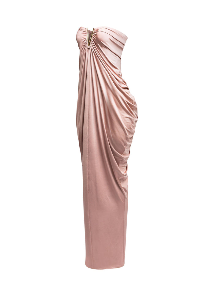 V shape trim detailed draping body strapless maxi dress - Muvin 