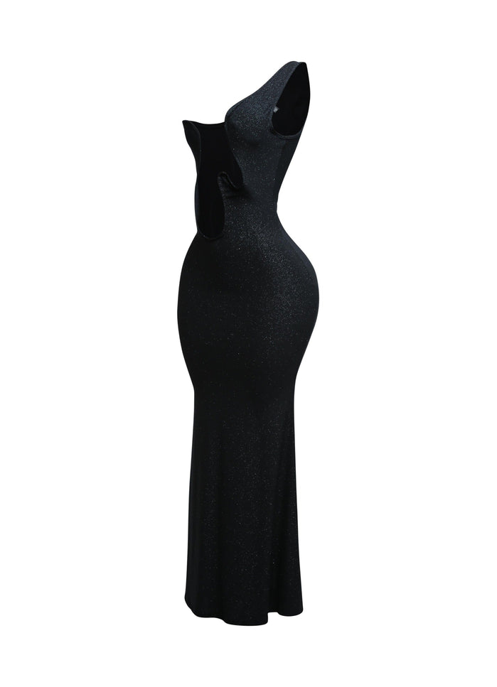 Wavy wired one shoulder maxi dress - Muvin 