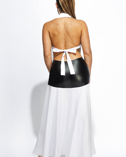 Contrast Collared matte pu dress with poplin skirt with high slit - Muvin 