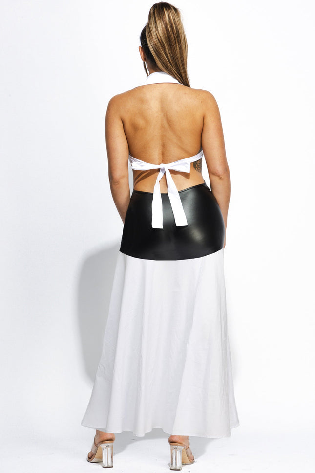 Contrast Collared matte pu dress with poplin skirt with high slit - Muvin 