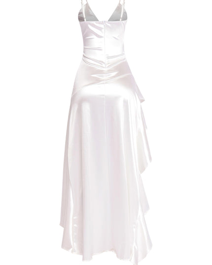 Flowing white satin evening dress with adjustable straps

