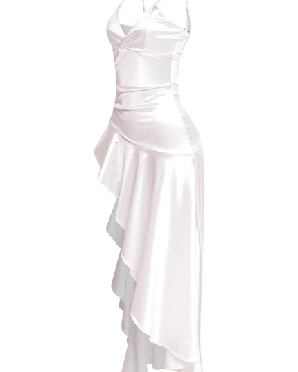 Elegant white dress with wrap top and asymmetrical hem

