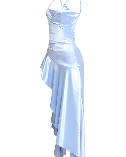 Glossy baby blue gown with high-low flow and slim fit

