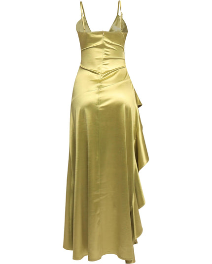 Sleek sage satin evening dress with asymmetrical ruffled hemline

