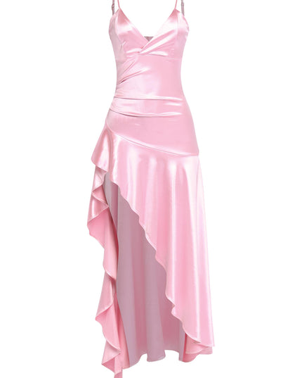 Blush pink gown with ruffled detail and wrap-style neckline

