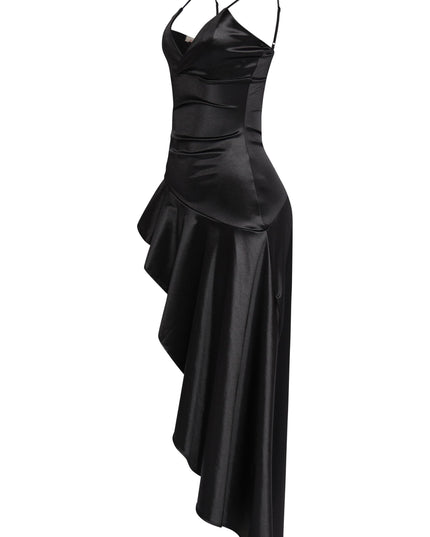 Black high-low satin dress with luxe ruffle and zip closure

