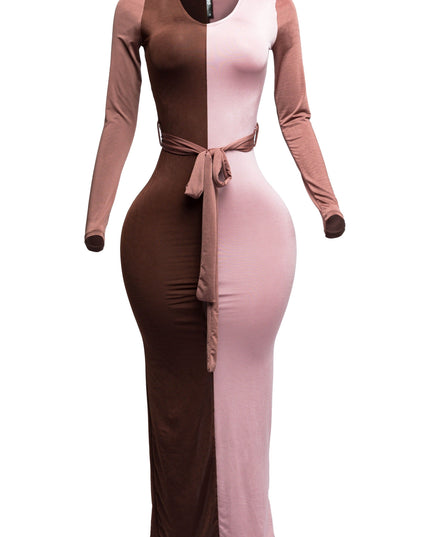 Long sleeve color block maxi dress - Muvin 