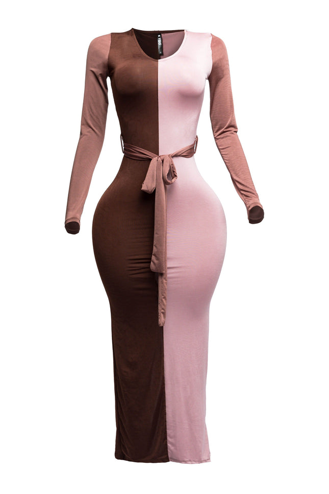 Long sleeve color block maxi dress - Muvin 