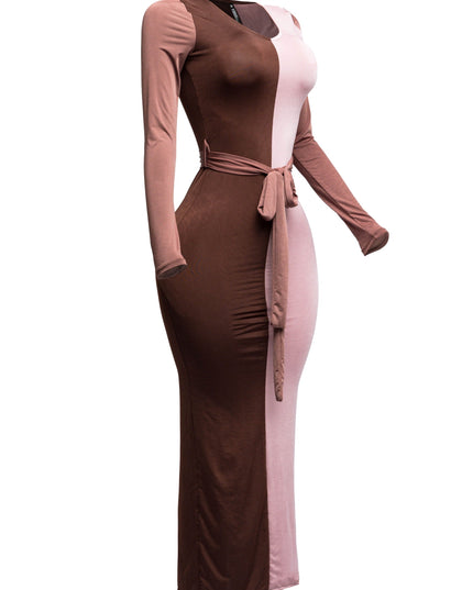 Long sleeve color block maxi dress - Muvin 