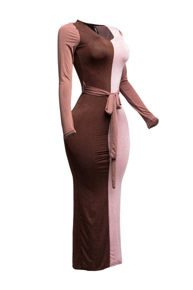 Long sleeve color block maxi dress - Muvin 