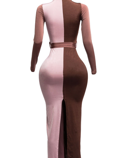 Long sleeve color block maxi dress - Muvin 