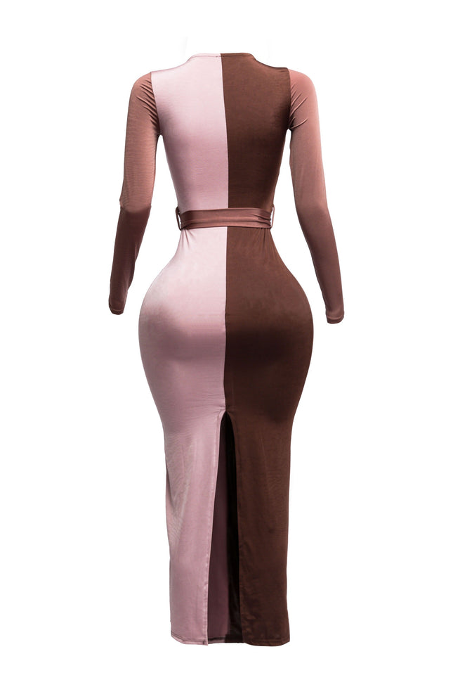 Long sleeve color block maxi dress - Muvin 