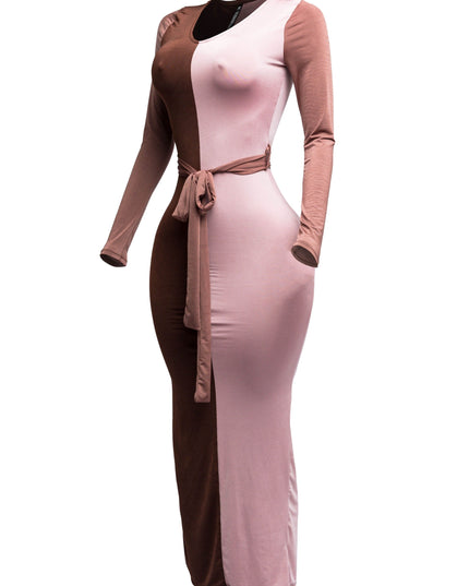 Long sleeve color block maxi dress - Muvin 