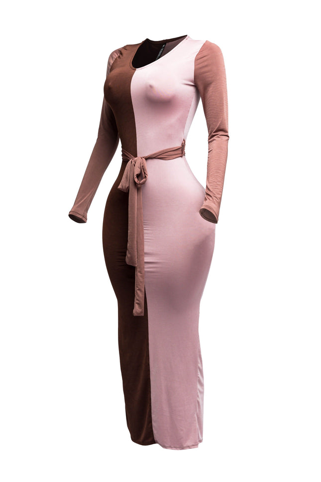 Long sleeve color block maxi dress - Muvin 
