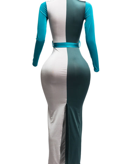 Long sleeve color block maxi dress - Muvin 