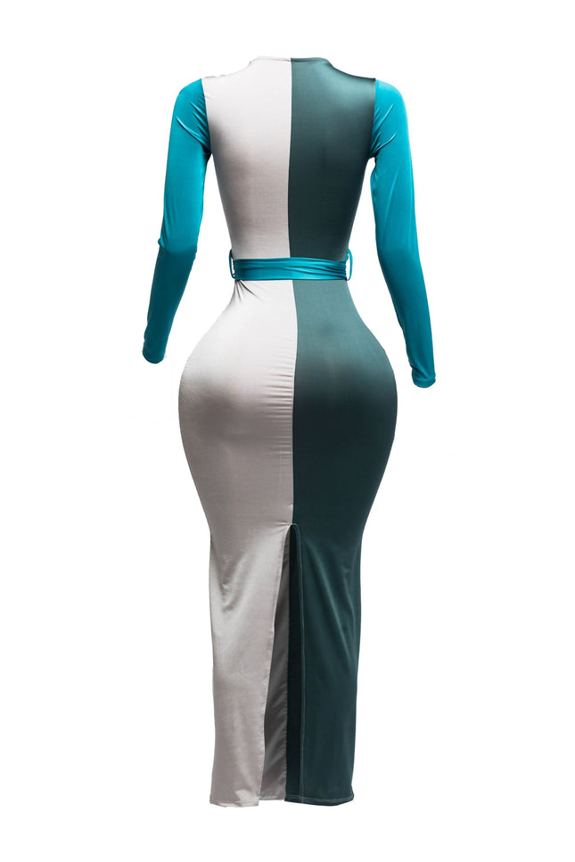 Long sleeve color block maxi dress - Muvin 