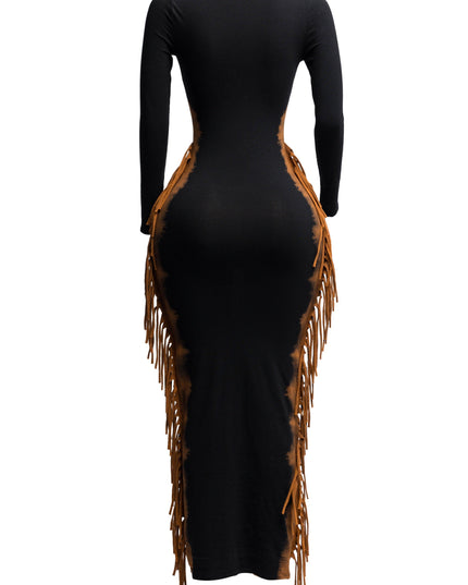 Bleached two tone colorway side fringe maxi dress - Muvin 