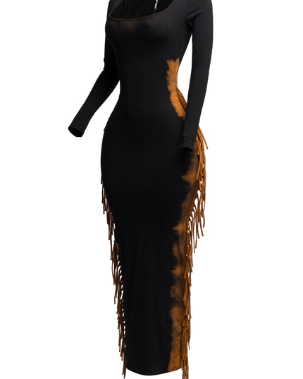 Bleached two tone colorway side fringe maxi dress - Muvin 