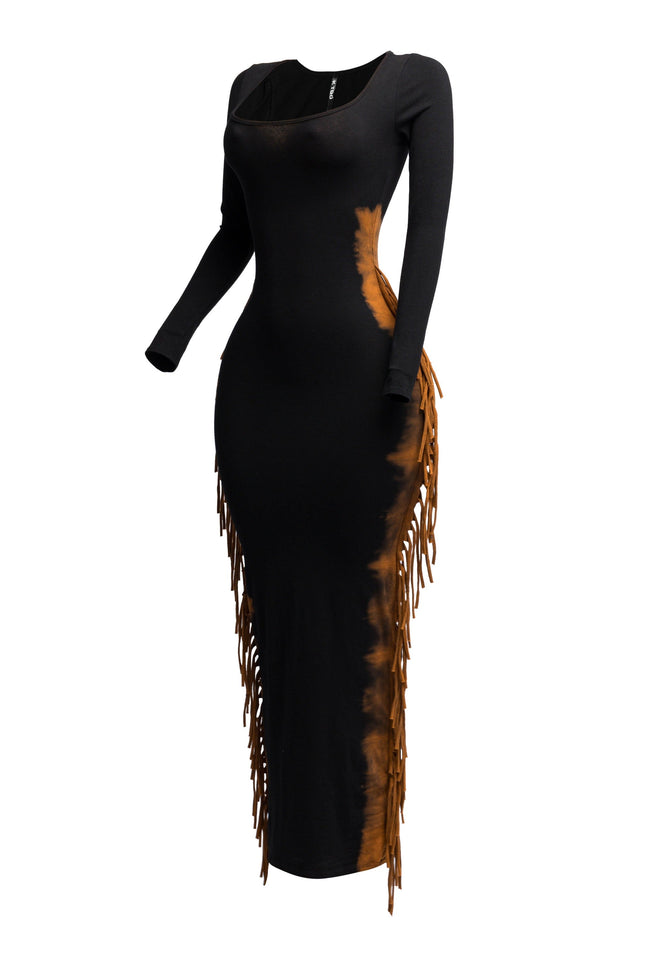 Bleached two tone colorway side fringe maxi dress - Muvin 