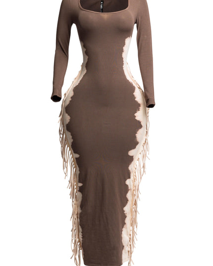 Bleached two tone colorway side fringe maxi dress - Muvin 