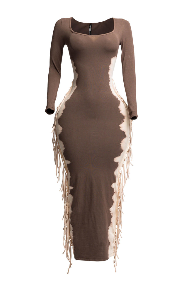 Bleached two tone colorway side fringe maxi dress - Muvin 