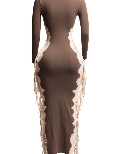 Bleached two tone colorway side fringe maxi dress - Muvin 