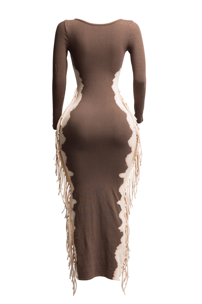 Bleached two tone colorway side fringe maxi dress - Muvin 