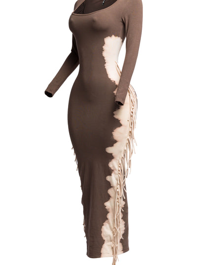 Bleached two tone colorway side fringe maxi dress - Muvin 