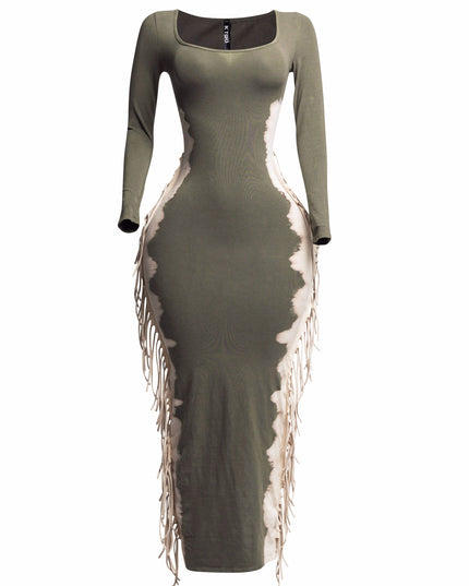 Bleached two tone colorway side fringe maxi dress - Muvin 