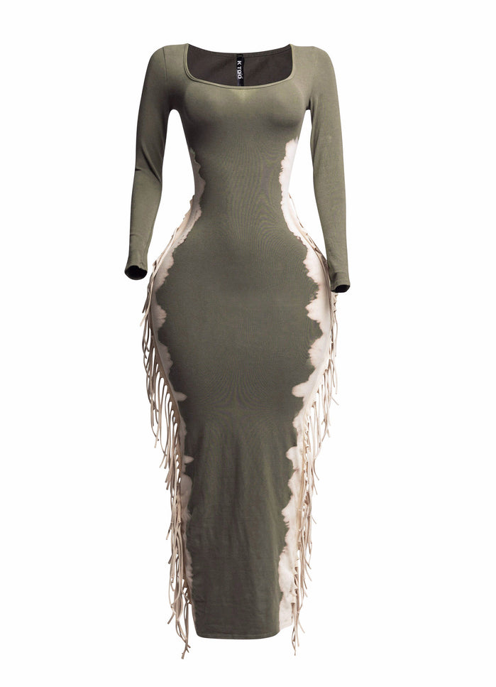 Bleached two tone colorway side fringe maxi dress - Muvin 