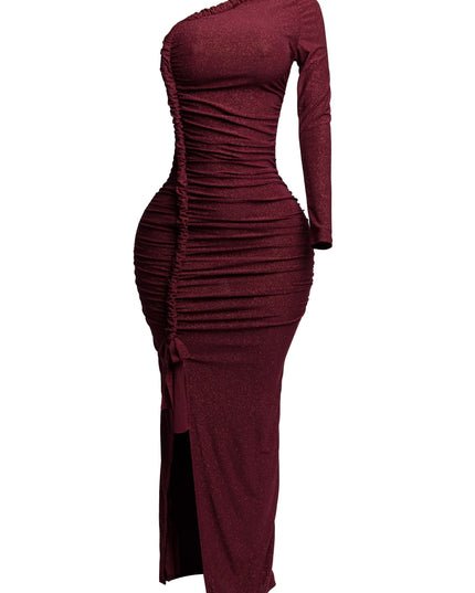 Flittered one shoulder ruched maxi dress with slit - Muvin 