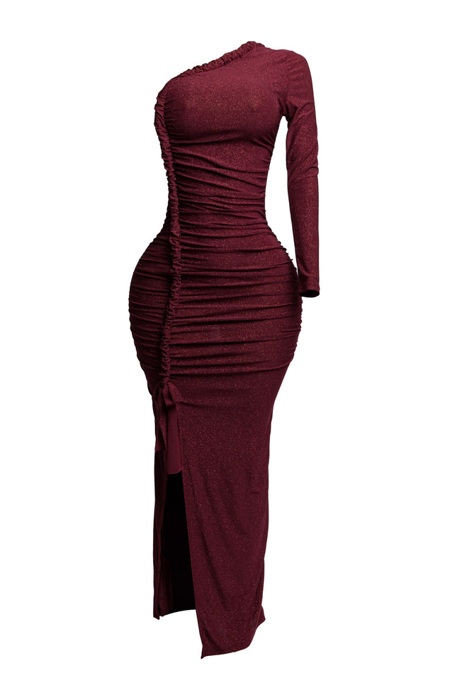 Flittered one shoulder ruched maxi dress with slit - Muvin 