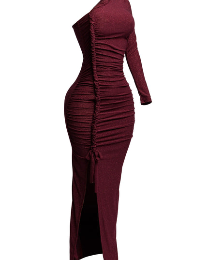Flittered one shoulder ruched maxi dress with slit - Muvin 