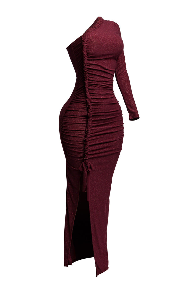 Flittered one shoulder ruched maxi dress with slit - Muvin 