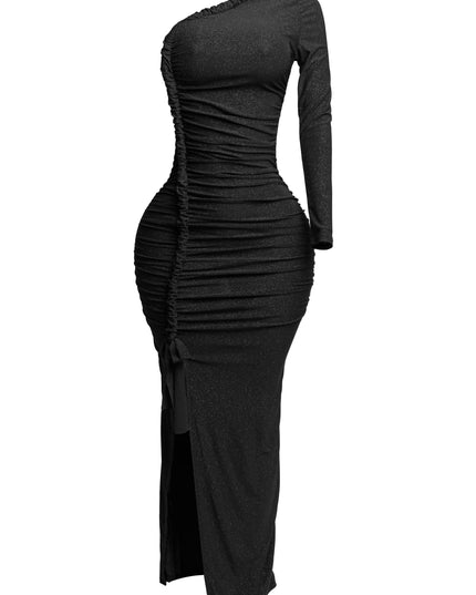 Flittered one shoulder ruched maxi dress with slit - Muvin 