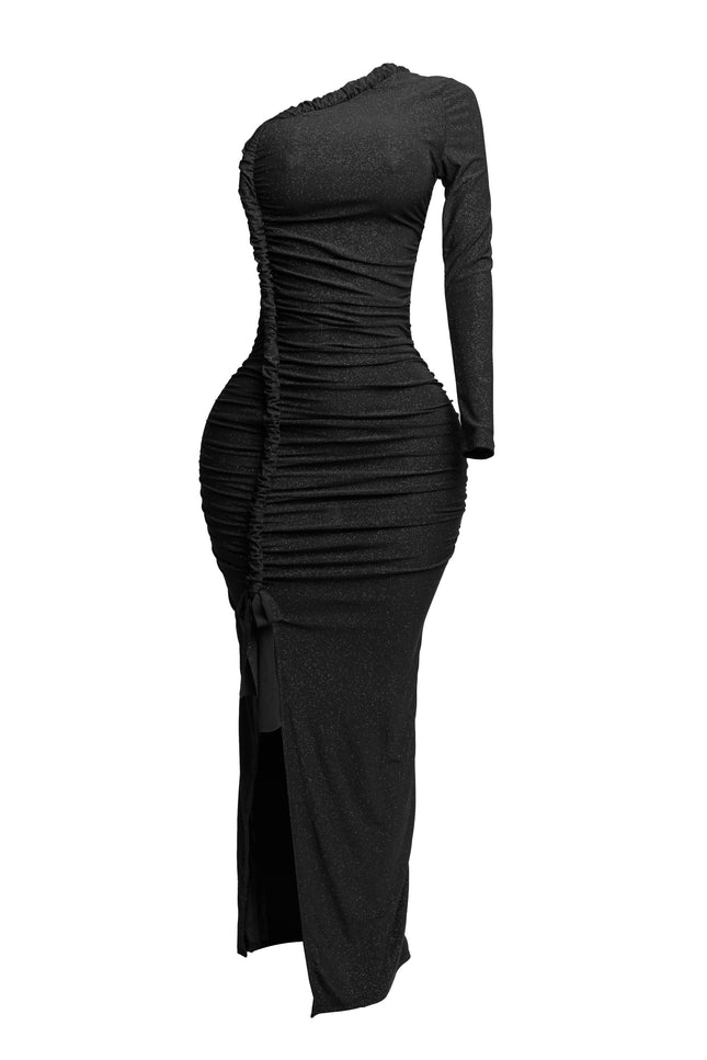 Flittered one shoulder ruched maxi dress with slit - Muvin 