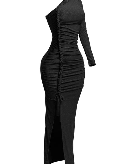 Flittered one shoulder ruched maxi dress with slit - Muvin 