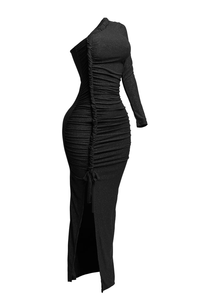 Flittered one shoulder ruched maxi dress with slit - Muvin 