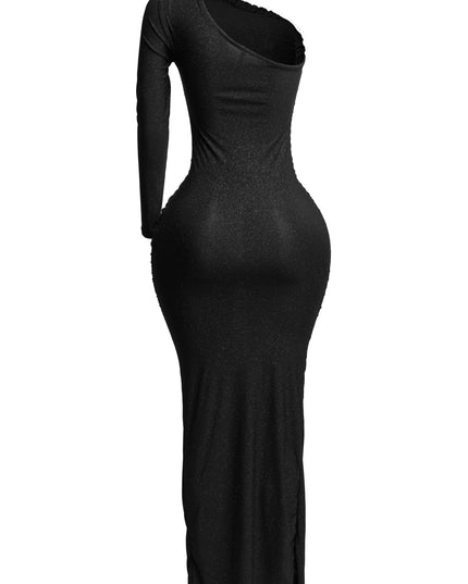 Flittered one shoulder ruched maxi dress with slit - Muvin 