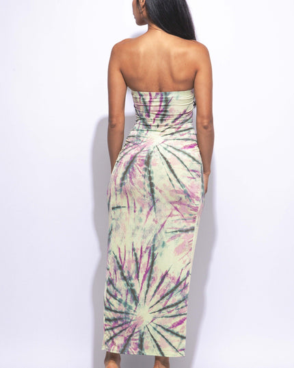 Sunburst tie dye printed draped tube maxi dress - Muvin 