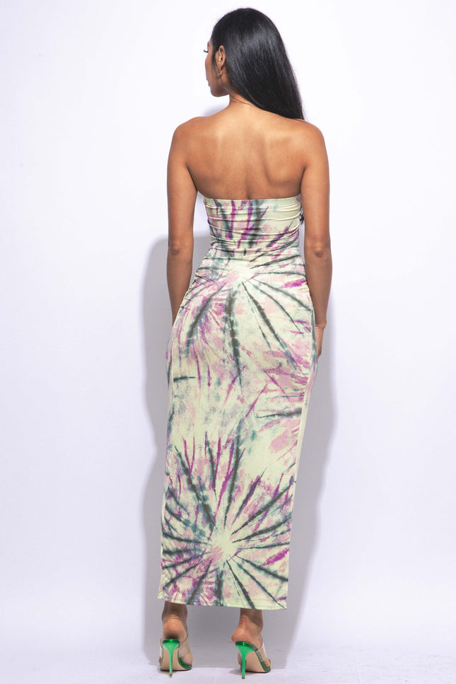 Sunburst tie dye printed draped tube maxi dress - Muvin 