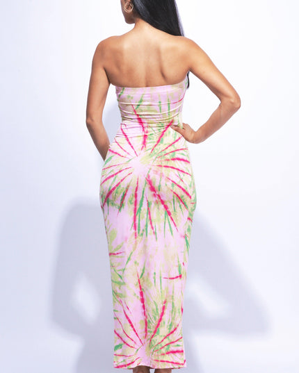 Sunburst tie dye printed draped tube maxi dress - Muvin 