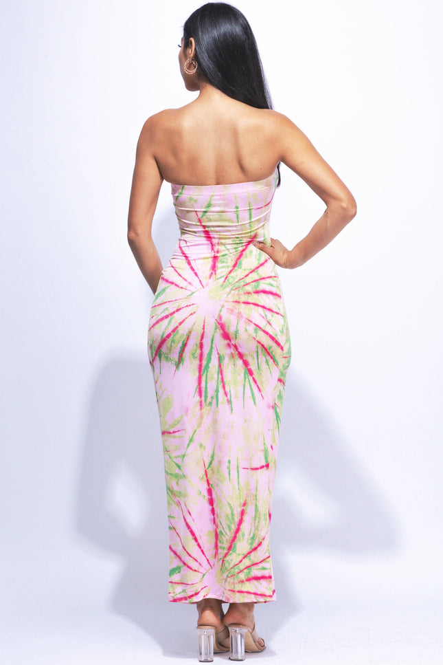 Sunburst tie dye printed draped tube maxi dress - Muvin 